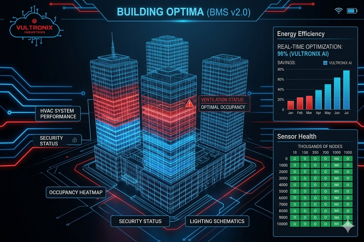 Building Optima BMS dashboard showing occupancy heatmap and energy efficiency metrics