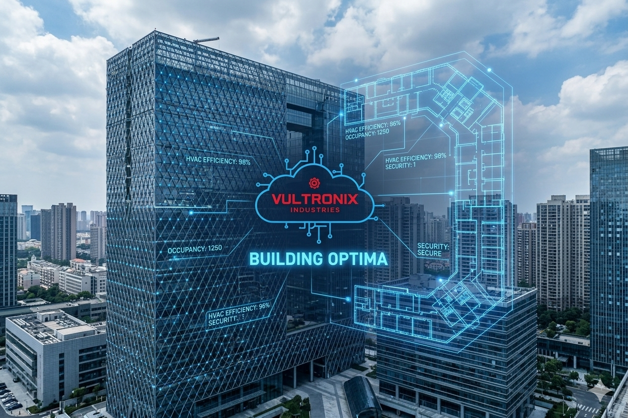 Building Optima AR overlay on Grade-A commercial tower showing HVAC 98% efficiency and occupancy 1250