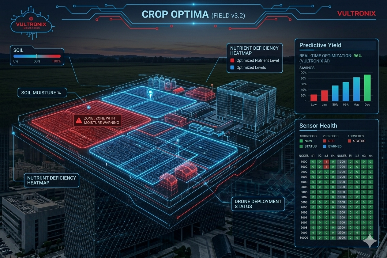 Crop Optima field dashboard showing soil moisture heatmap, drone status, and yield prediction