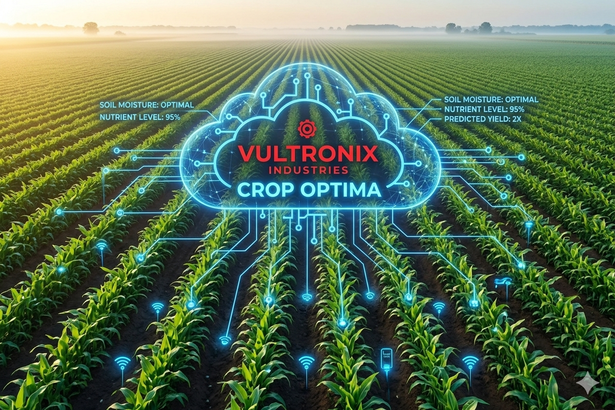 Crop Optima precision agritech dashboard showing soil moisture zones and predicted yield