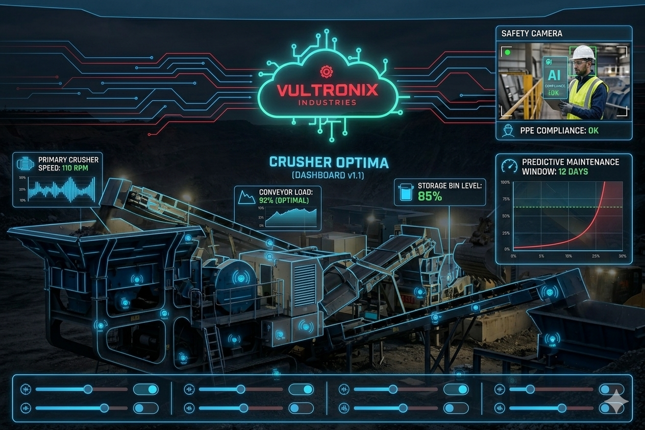 Crusher Optima dashboard showing AI-powered plant monitoring and predictive maintenance