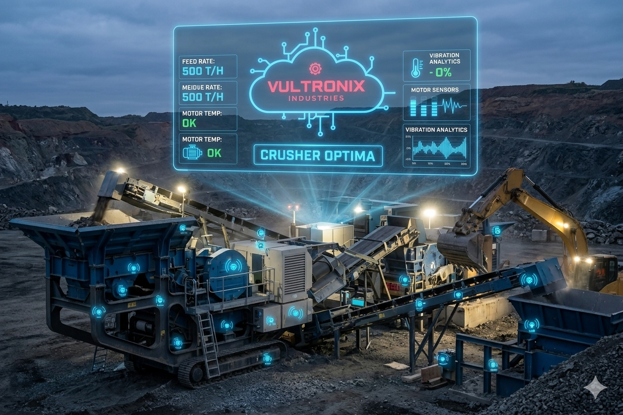 Crusher Optima machine health overlay on live quarry equipment showing 500 T/H feed rate