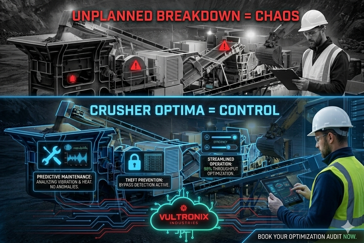Crusher Optima predictive maintenance comparison showing unplanned breakdown versus controlled operations
