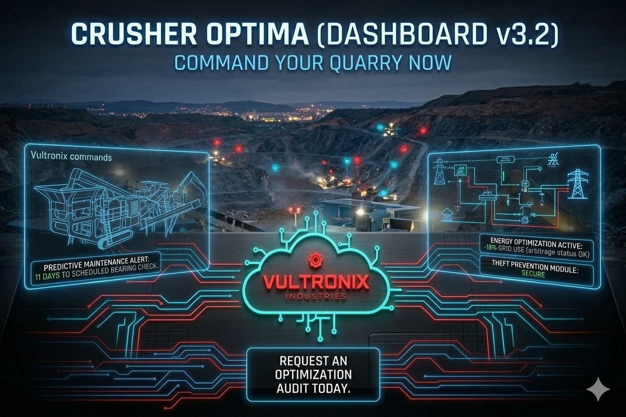Crusher Optima quarry night operations dashboard with predictive maintenance alerts