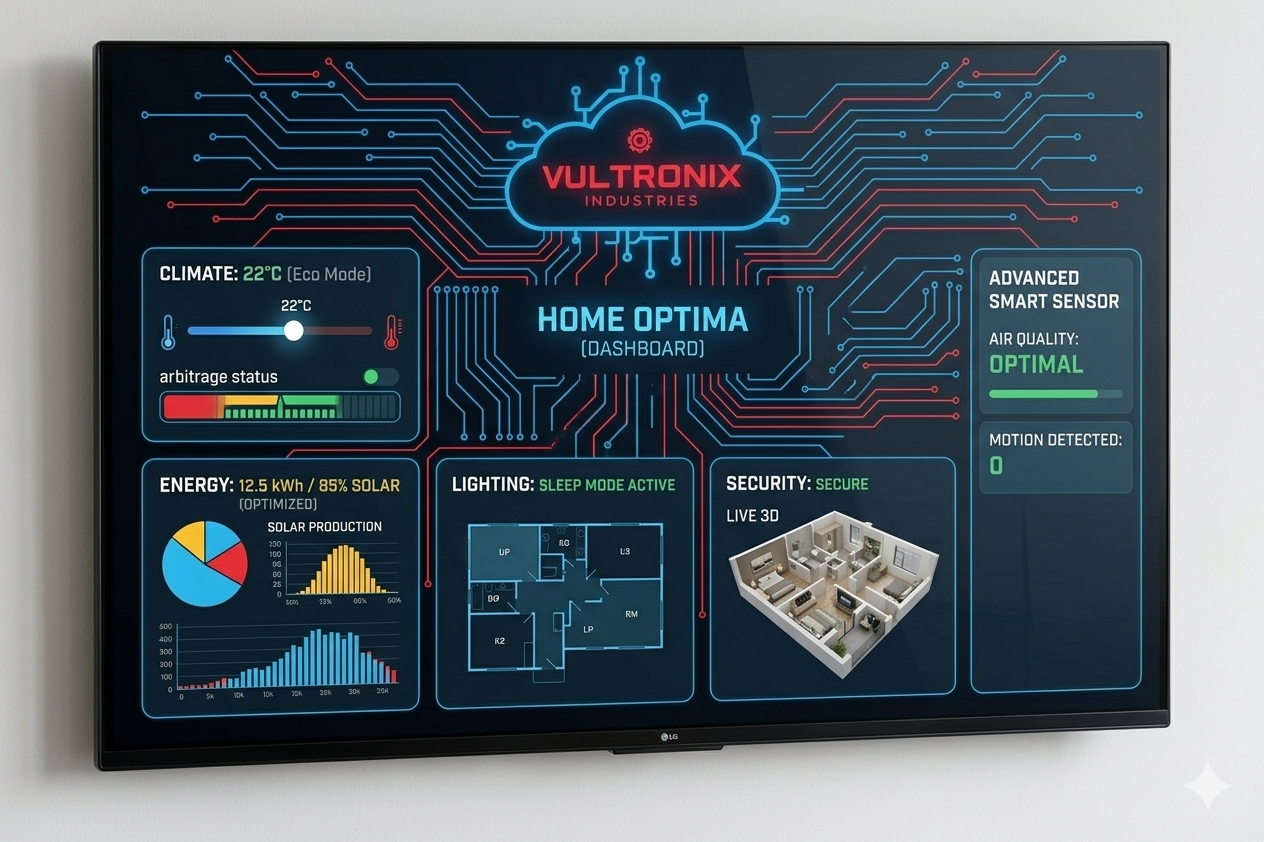 Home Optima wall dashboard showing smart home climate, energy, and security controls