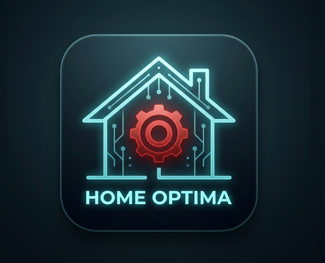 Home Optima app icon with neon circuit house design for iOS, Android, and web