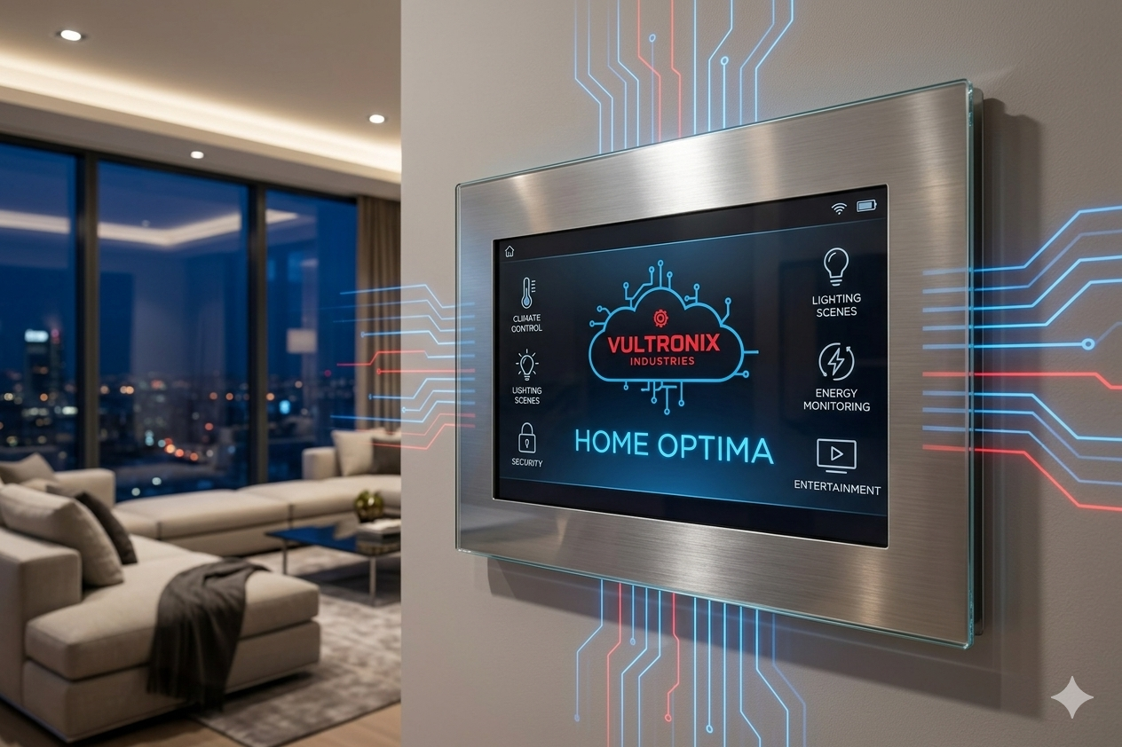Home Optima wall-mounted smart home controller showing climate, lighting, security, and entertainment controls